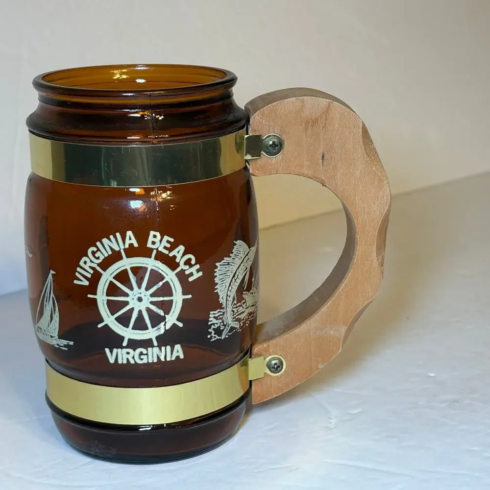 Vintage Virginia Beach VA Souvenir Brown Glass Barrel Mug Wood Handle